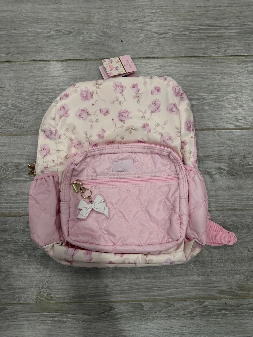 Love Shack Fancy Pink Floral Quilted Backpack with Bow Charm